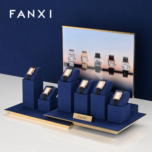 FANXI blue microfiber with metal watch display set in stock high-end luxury watch display bangle display bracelet display