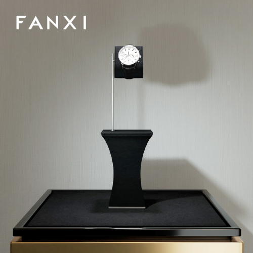 FANXI JS149 Custom Black Leather Watches Storage Shooting Props Holder Stand For Single Watch Metal Bracket