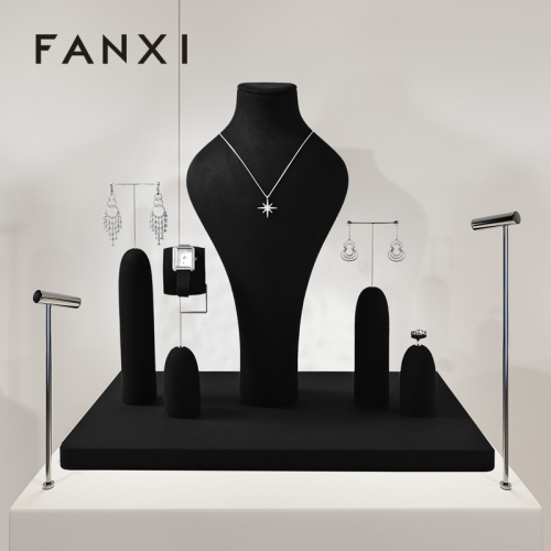FANXI TT361 Black Microfiber Jewelry Display Set Luxury Piercing Earring Display Holder Necklace Jewelry Counter Display Props