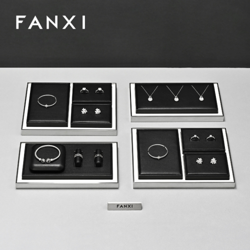 FANXI TT484 Wholesale Luxury Leather Jewellery Showcase Black Jewelry Counter Display Set
