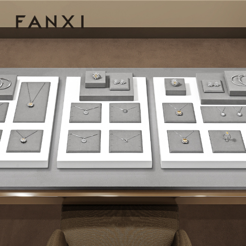 FANXI TT416 Luxury Gray Microfiber Customized Showcase Jewelry Display Set Ring Display Jewelry Display for Retail Shop
