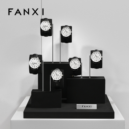TT523 Wholesale Microfiber Watch Display Set Black Color Metal Material Watch Display Stand Luxury Watch Display Show