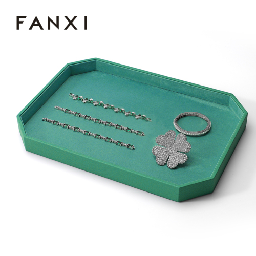 Green Pu Leather Jewelry Display Tray Suede Ring Earring Necklace Storage Plate