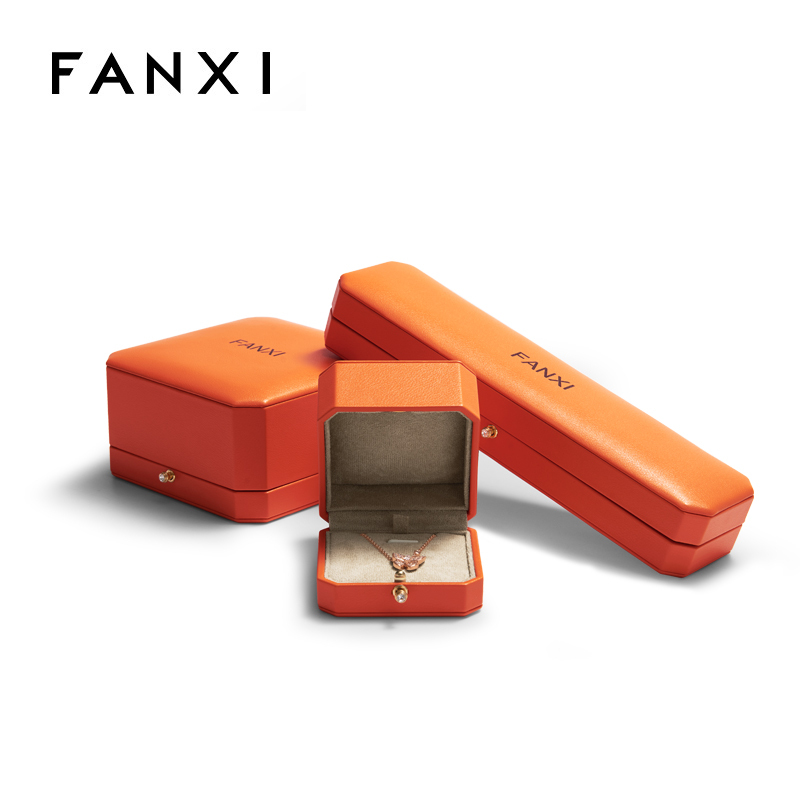 H136 Orange Leather Luxury Jewelry Box Set Ring Necklace Bracelet Earring Jewelry Gift Box Custom Logo