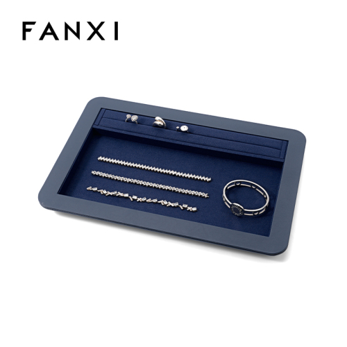 Blue Leather Jewelry Tray Microfiber Custom Logo Neckalace Ring Bracelet Earring Display Tray