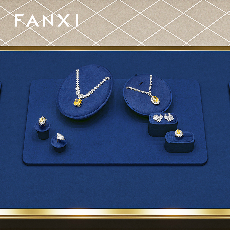 TT593 Jewelry Display Set Blue Microfiber Luxury Necklace Ring Earring Display Set