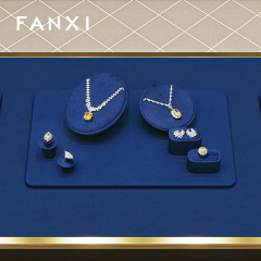 TT593 Jewelry Display Set Blue Microfiber Luxury Necklace Ring Earring Display Set