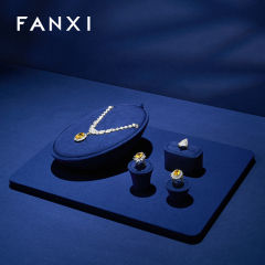 TT593 Jewelry Display Set Blue Microfiber Luxury Necklace Ring Earring Display Set