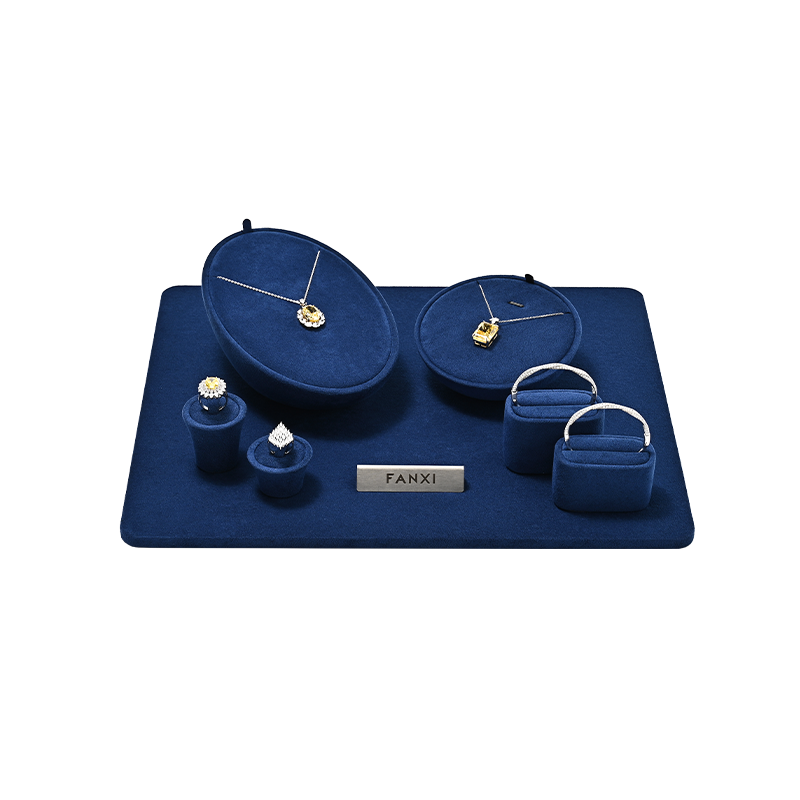 TT593 Jewelry Display Set Blue Microfiber Luxury Necklace Ring Earring Display Set