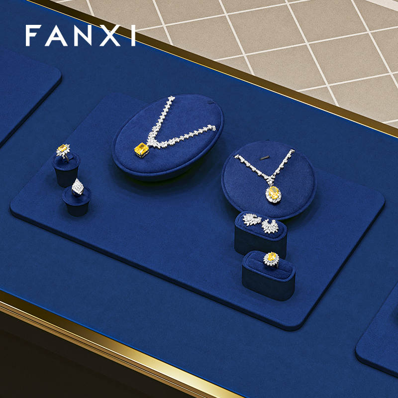 TT593 Jewelry Display Set Blue Microfiber Luxury Necklace Ring Earring Display Set