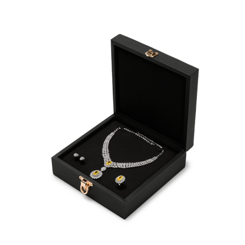 H217 Vintage Black PU Leather Jewelry Gift Box Gold Lock Design Multi‑Size Box Set For Engagement Wedding Fine Jewelry Packing