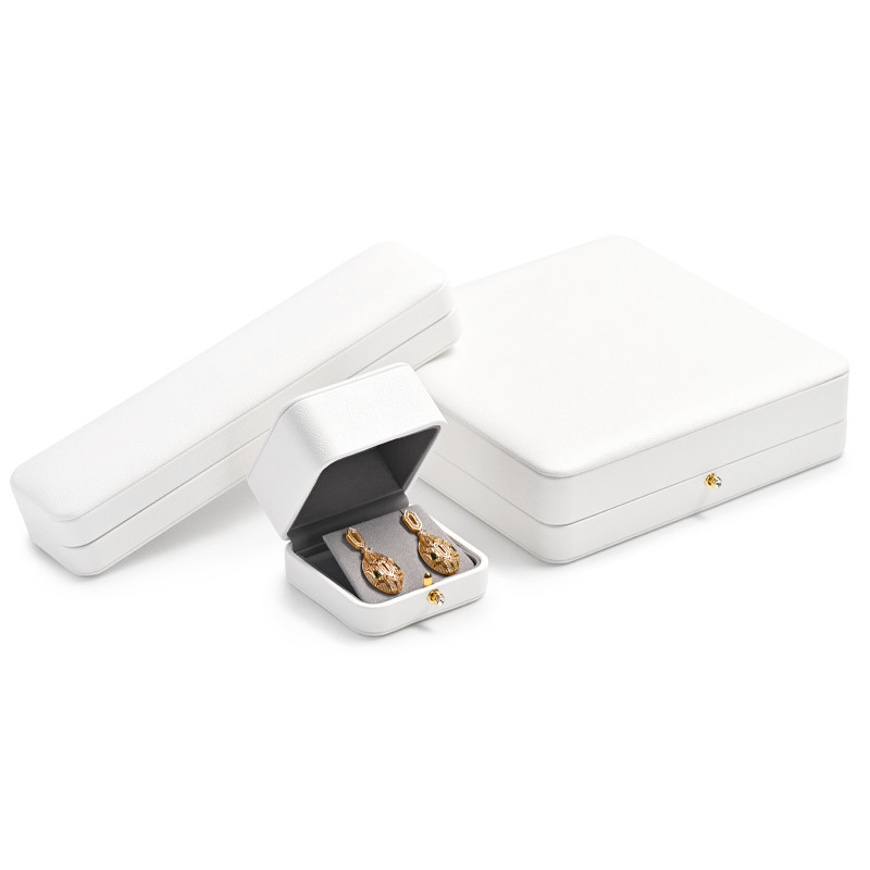 FANXI Wholesale PoPular White Pu Leather Grey Microfiber Box With Button For Ring Pendant Jewelry Package With Custom Logo