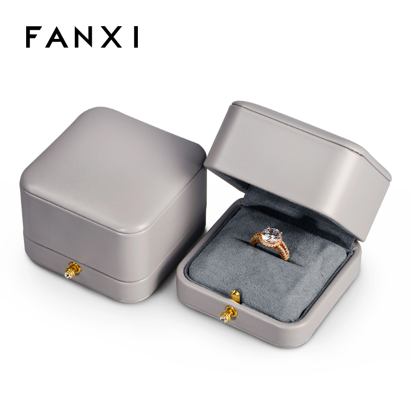FANXI High Quality Jewelry Packaging Box Grey Pu Leather Microfiber Ring Necklace Customized Jewellery Gift Boxes