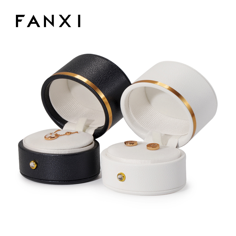 FANXI Hot Sale Luxury Custom PU Leather Jewelry Box Round Shape For Wedding Ring Earring Display Jewelry Box