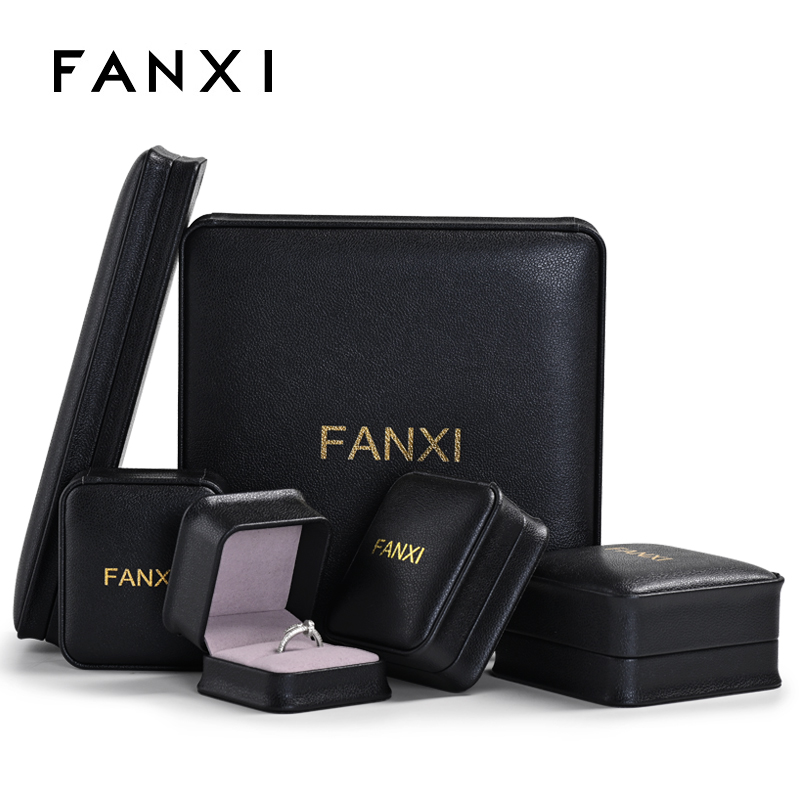 FANXI Customized Navy Blue PU Leather Microfiber Gift Box Wedding Ring Pendant Earrings Packing Jewellry Box