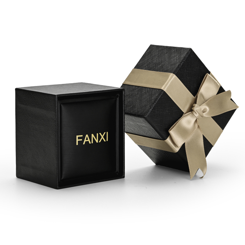 FANXI High Quality Luxury Black Gift Box With PU Leather And Ribbon For Ring Diamond Necklace Bracelet Jewelry Package