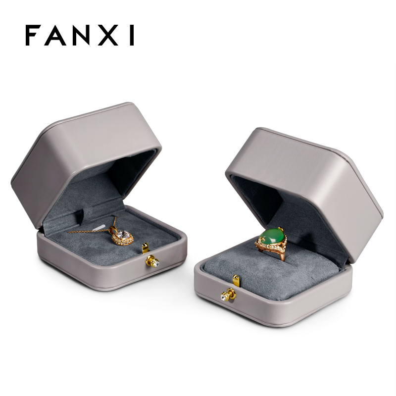 FANXI High Quality Jewelry Packaging Box Grey Pu Leather Microfiber Ring Necklace Customized Jewellery Gift Boxes