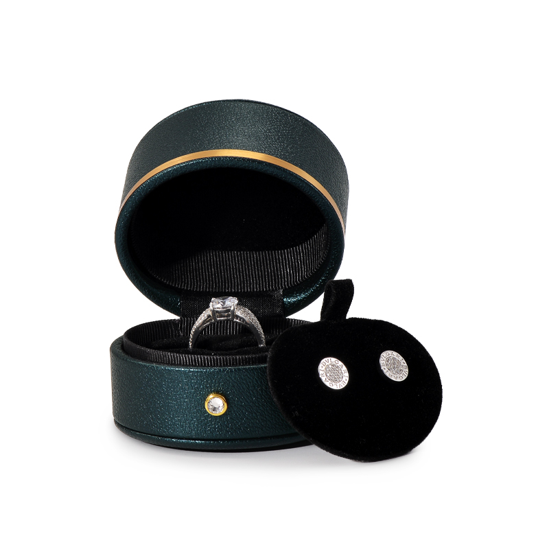Fanxi New Special Double Pad Earring Necklace Ring With Pu Leather Ribbon Velvet And Gold Button Round Shape Custom Box Jewelry