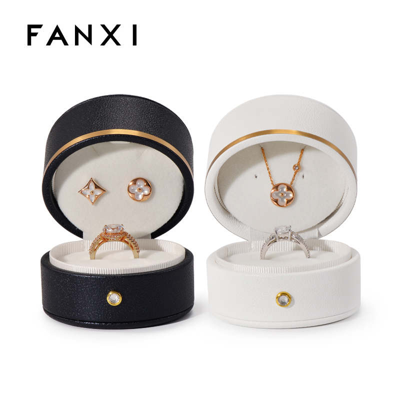 FANXI Hot Sale Luxury Custom PU Leather Jewelry Box Round Shape For Wedding Ring Earring Display Jewelry Box