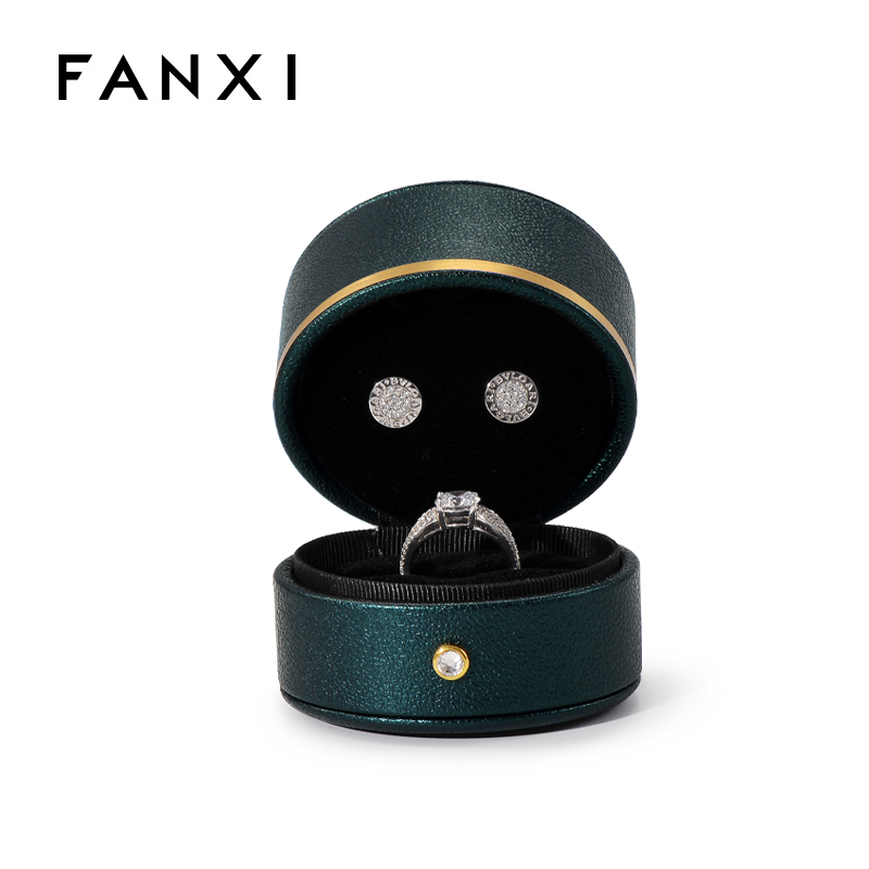 Fanxi New Special Double Pad Earring Necklace Ring With Pu Leather Ribbon Velvet And Gold Button Round Shape Custom Box Jewelry