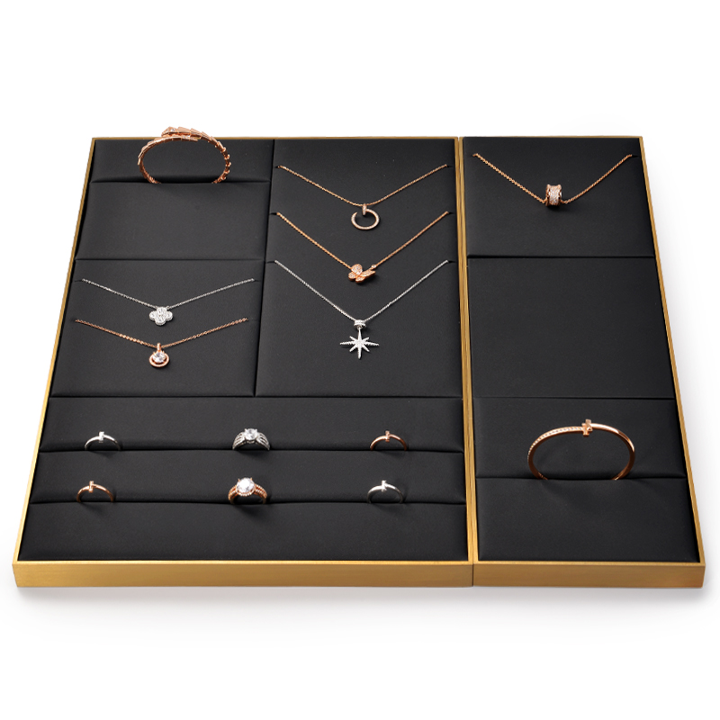 FANXI Wholesale Custom Ring Earrings Necklace Holder Fashion Jewellery Black Pu Leather Display Stand Jewelry Display Set