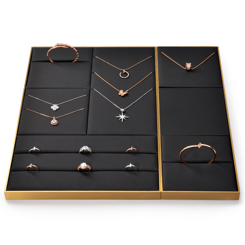 FANXI Wholesale Custom Ring Earrings Necklace Holder Fashion Jewellery Black Pu Leather Display Stand Jewelry Display Set
