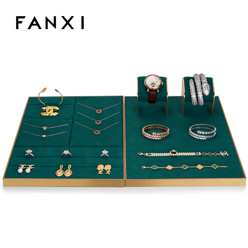 FANXI Green Microfiber Jewelry Display Stand Set Luxury Metal Necklace Earring Jewelry Display Tray With Custom Logo For Jewelry Store