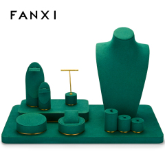 In Stock FANXI New Mordern Jewelry Display Holder Set Green Microfiber Earring Necklace Bangle Display Stand
