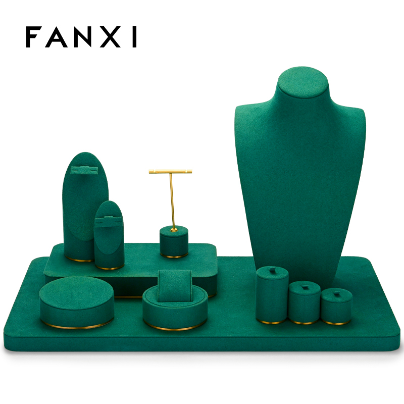 In Stock FANXI New Mordern Jewelry Display Holder Set Green Microfiber Earring Necklace Bangle Display Stand