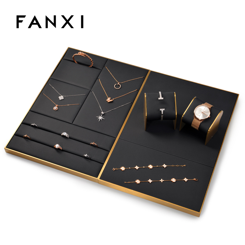 FANXI Wholesale Custom Ring Earrings Necklace Holder Fashion Jewellery Black Pu Leather Display Stand Jewelry Display Set
