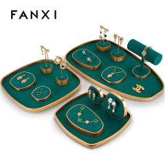 FANXI Custom Round Luxury Ring Necklace Earrings Jewellery Display Metal Green Microfiber ShopwindowJewelry Display Set