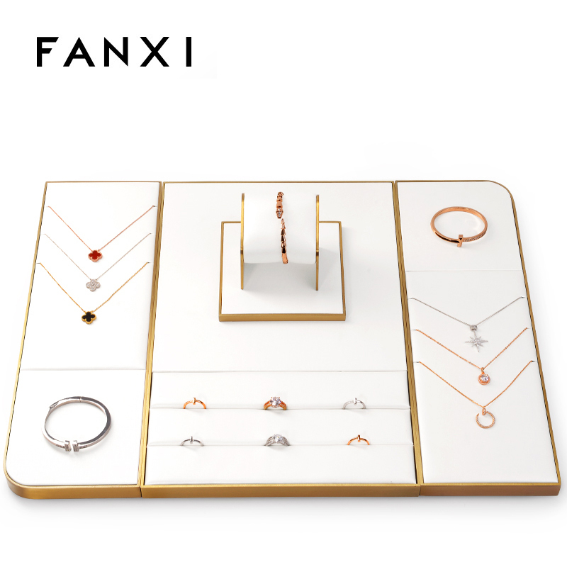 FANXI Stock Luxury Jewelry Stand Display Set White PU Leather Display Jewellery Display Ring Earrings Bracelet Necklace Holders Jewelry Display Set