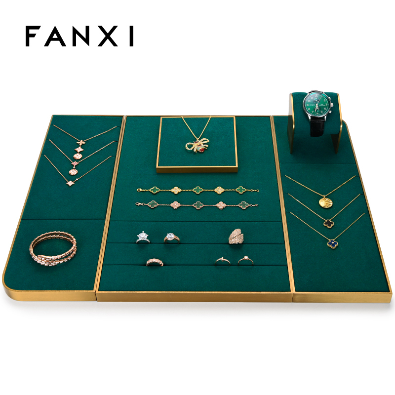 FANXI China Luxury Jewelry Display Wholesales Custom Gold Metal Microfiber Ring Bangle Necklace Jewelry Set