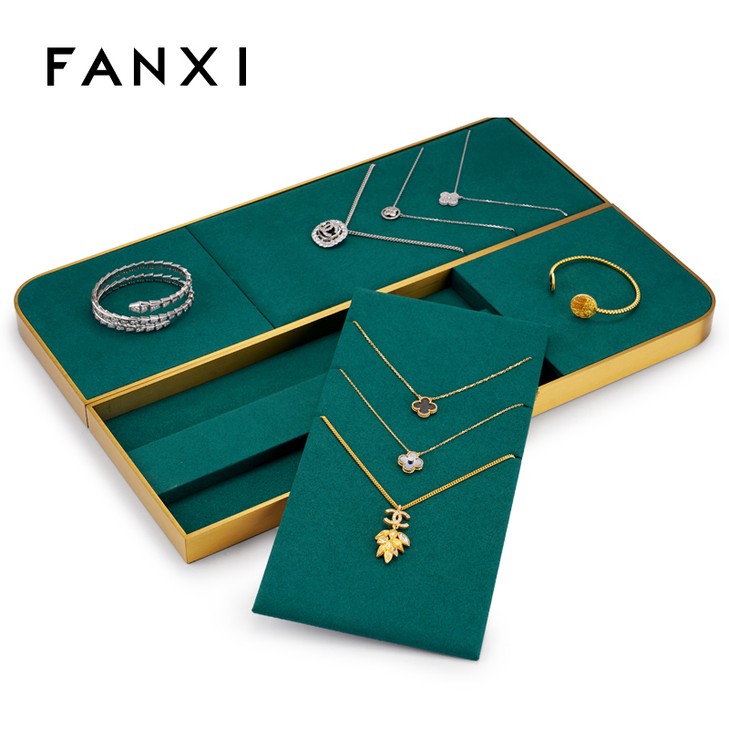 FANXI China Luxury Jewelry Display Wholesales Custom Gold Metal Microfiber Ring Bangle Necklace Jewelry Set