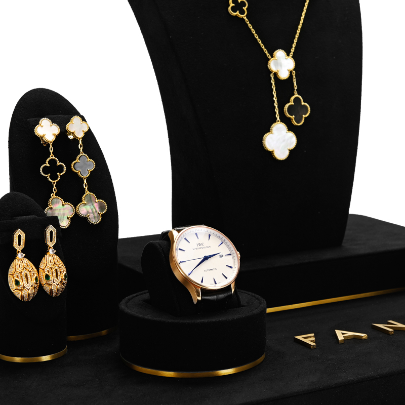 FANXI Luxury Black Microfiber Jewellry Stand Set Custom Logo Ring Necklace Watch Display Holder