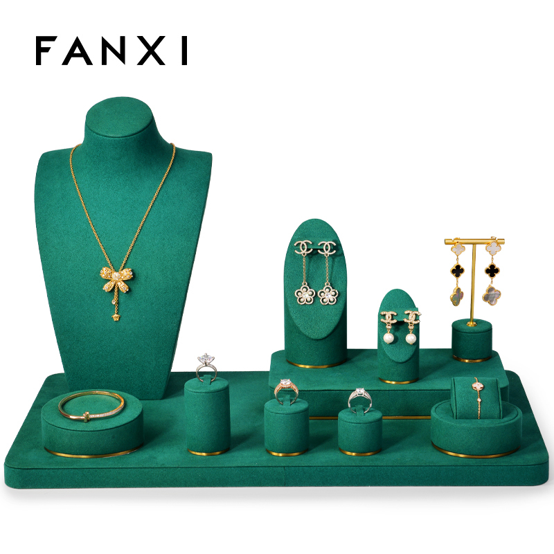 In Stock FANXI New Mordern Jewelry Display Holder Set Green Microfiber Earring Necklace Bangle Display Stand