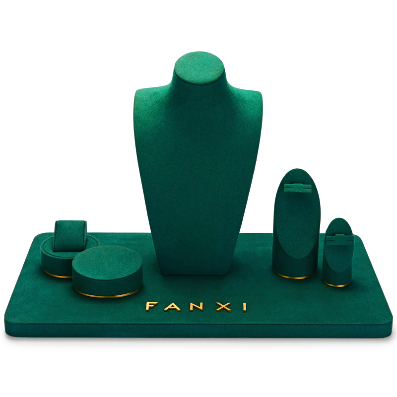 In Stock FANXI New Mordern Jewelry Display Holder Set Green Microfiber Earring Necklace Bangle Display Stand