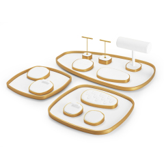 Factory Price Luxury White Microfiber Gold Metal Jewelry Set Necklace Ring Earring Showcase Jewelry Stand