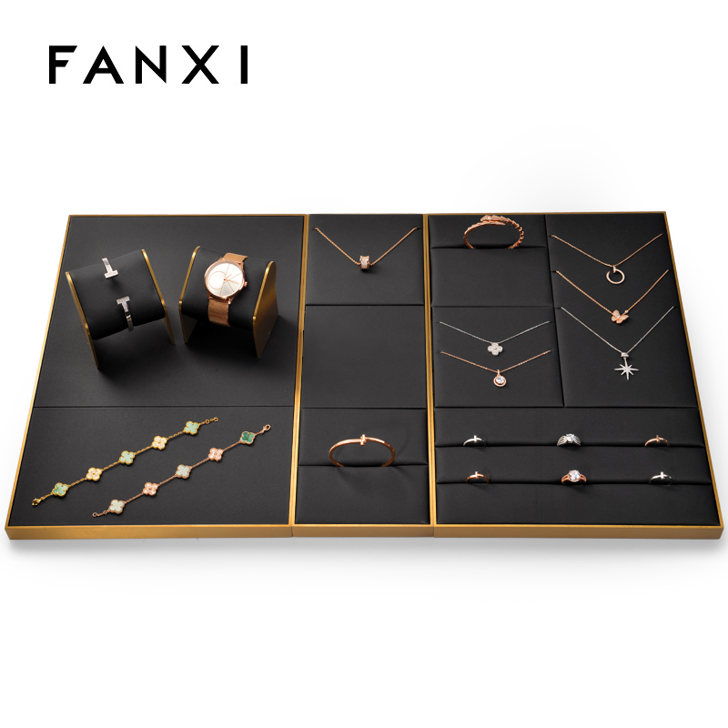 FANXI Wholesale Custom Ring Earrings Necklace Holder Fashion Jewellery Black Pu Leather Display Stand Jewelry Display Set