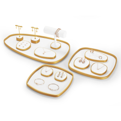 Factory Price Luxury White Microfiber Gold Metal Jewelry Set Necklace Ring Earring Showcase Jewelry Stand