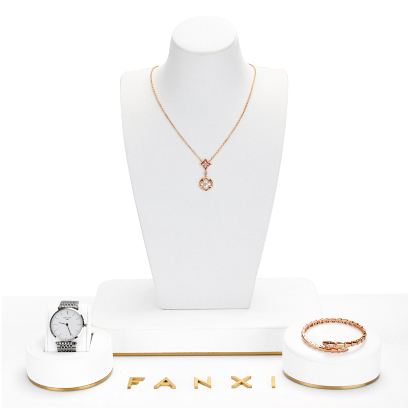 FANXI Elegant White Microfiber and Gold Metal Jewelry Stand Mannequin Jewelry Holder Ring Earring Holder