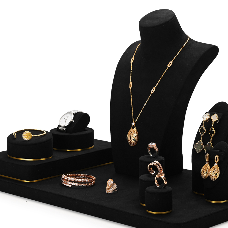 FANXI Luxury Black Microfiber Jewellry Stand Set Custom Logo Ring Necklace Watch Display Holder
