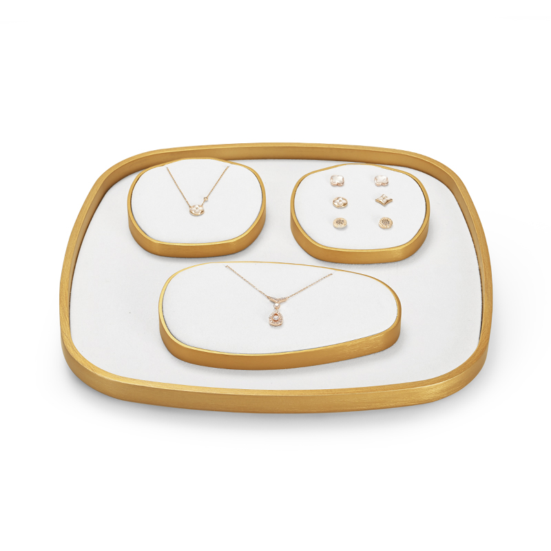 Factory Price Luxury White Microfiber Gold Metal Jewelry Set Necklace Ring Earring Showcase Jewelry Stand