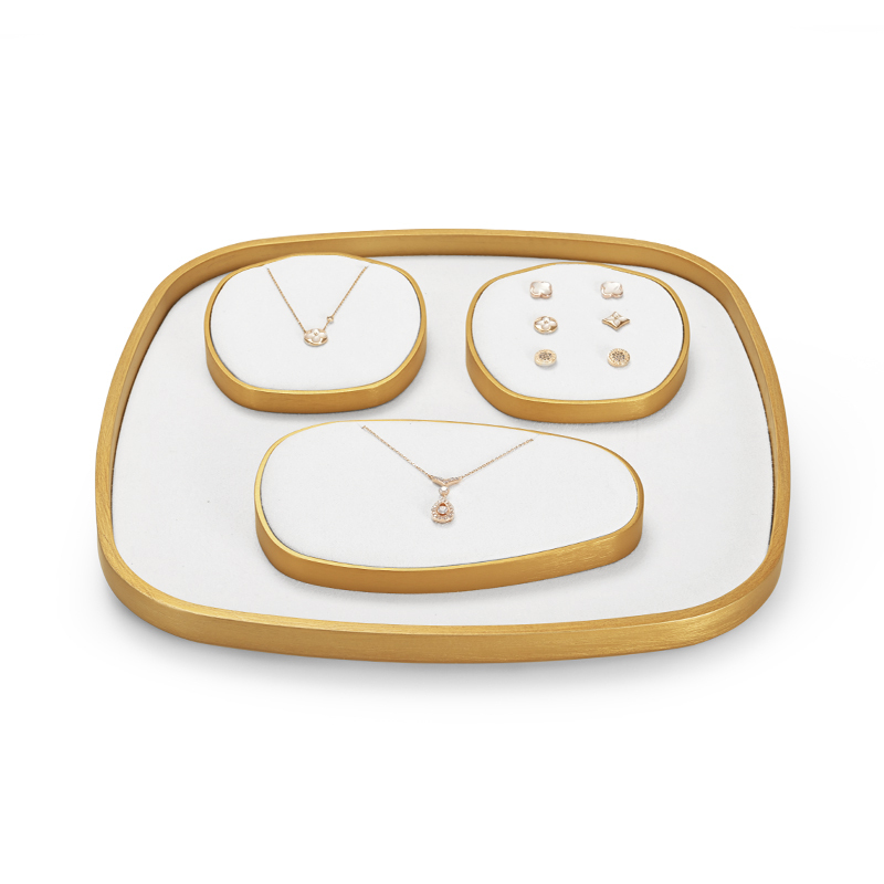Factory Price Luxury White Microfiber Gold Metal Jewelry Set Necklace Ring Earring Showcase Jewelry Stand