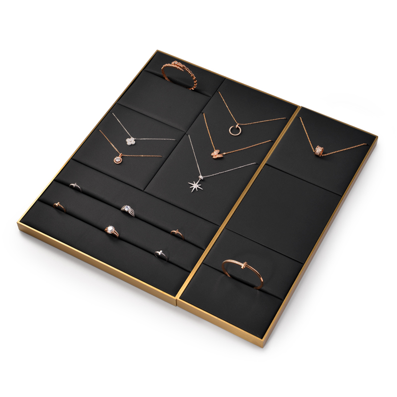 FANXI Wholesale Custom Ring Earrings Necklace Holder Fashion Jewellery Black Pu Leather Display Stand Jewelry Display Set