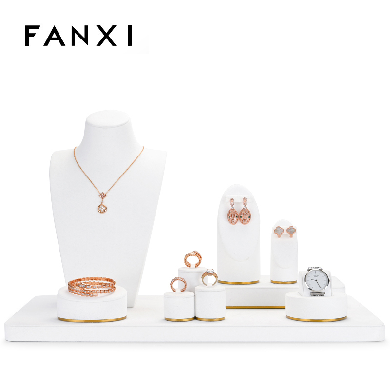 FANXI Elegant White Microfiber and Gold Metal Jewelry Stand Mannequin Jewelry Holder Ring Earring Holder