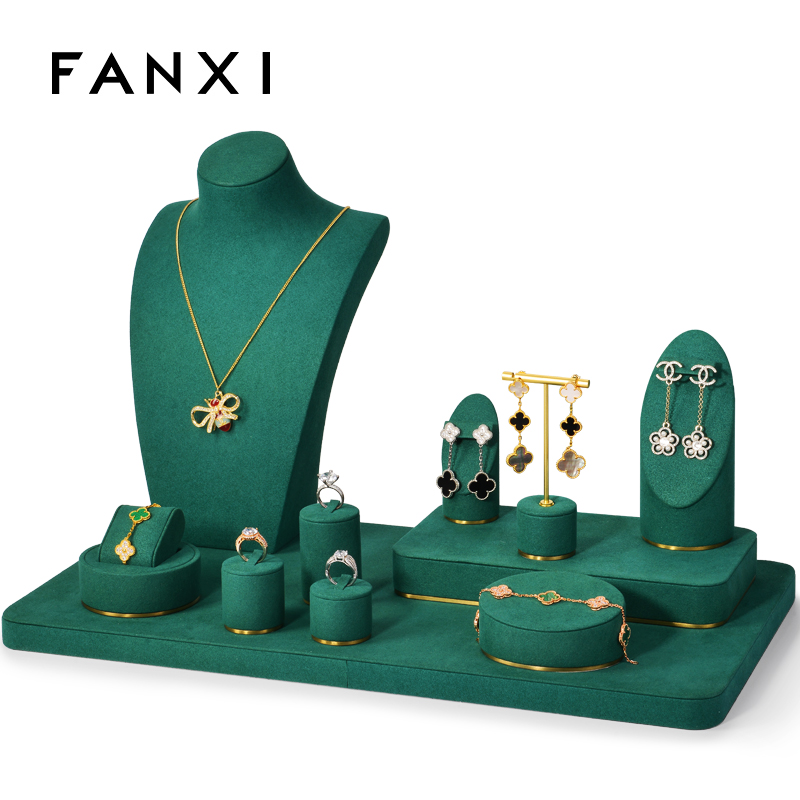 In Stock FANXI New Mordern Jewelry Display Holder Set Green Microfiber Earring Necklace Bangle Display Stand