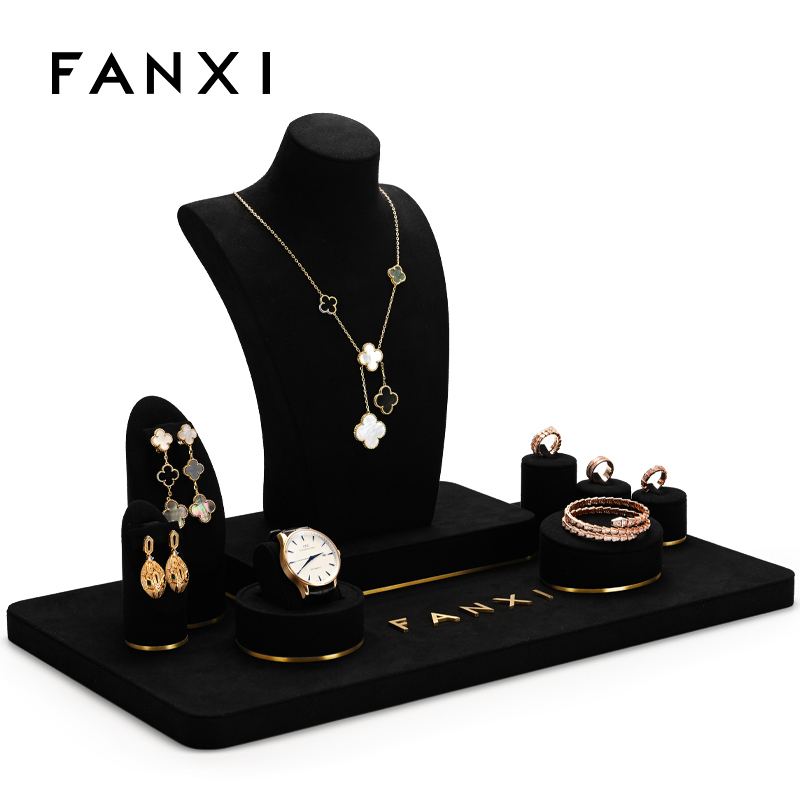 FANXI Luxury Black Microfiber Jewellry Stand Set Custom Logo Ring Necklace Watch Display Holder