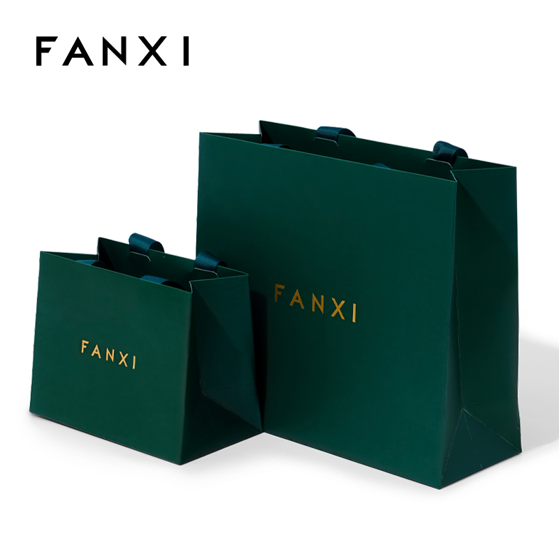 FANXI Custom Printing Logo Luxury Boutique Green Small Gift Bag Shopping Jewelry Packaging Paper Bag Ribbon Handle