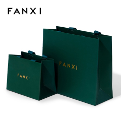 FANXI Custom Printing Logo Luxury Boutique Green Small Gift Bag Shopping Jewelry Packaging Paper Bag Ribbon Handle